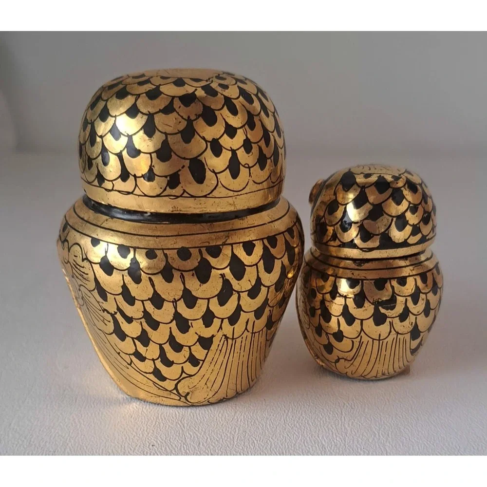 Vintage Burmese Owl Gold Gilt Lacquer Nesting Boxes Set Of 2